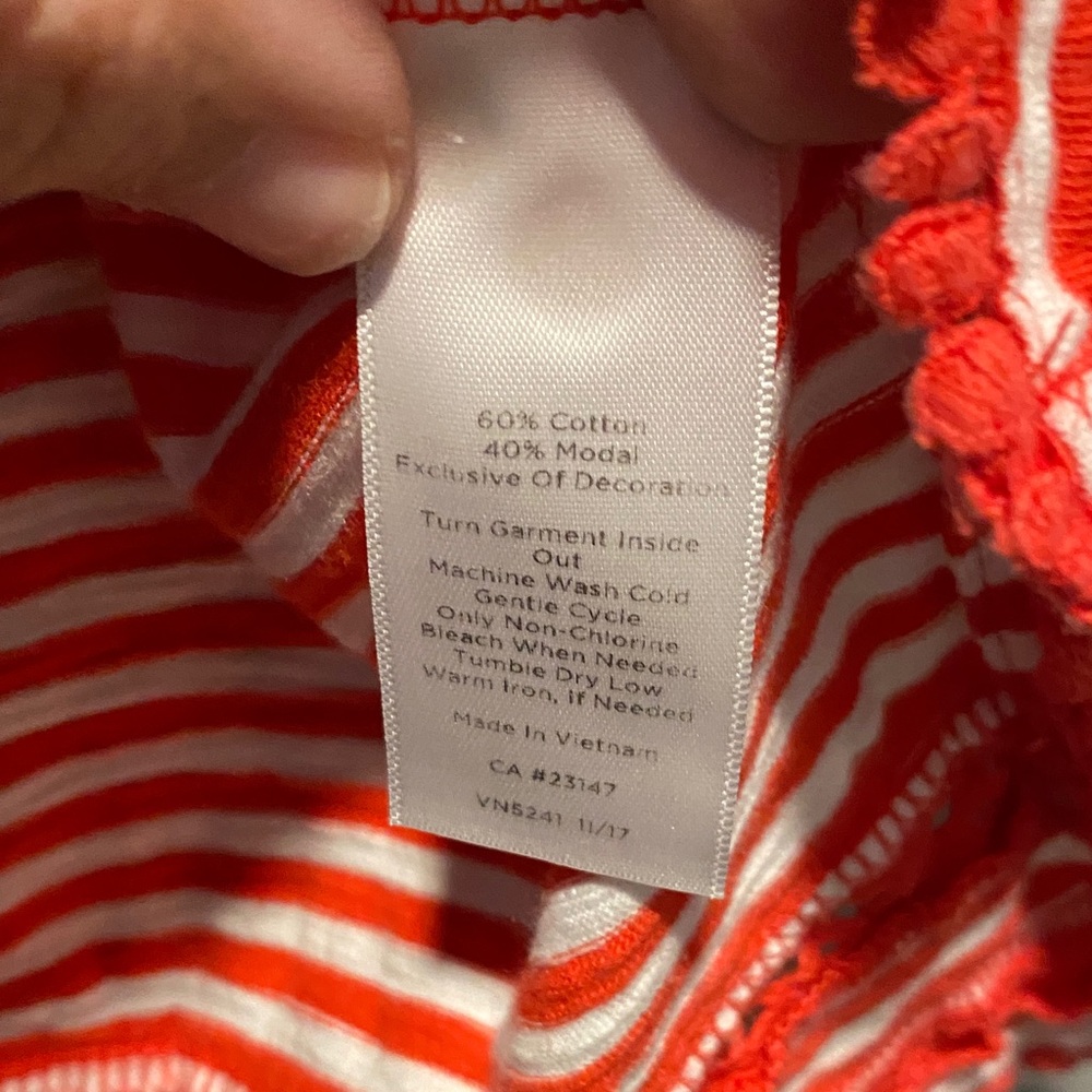 Talbots Red White Stripe Tee Lace Trim Cotton Modal Preppy Coastal Top XS - Picture 5 of 5